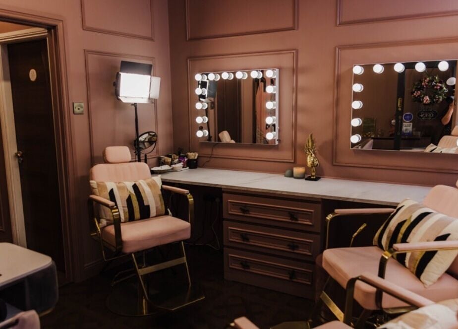 Luxurious beauty salon interior at Vamp Beauty Bar, Westport, County Mayo, IE with chic decor and mirror lighting.