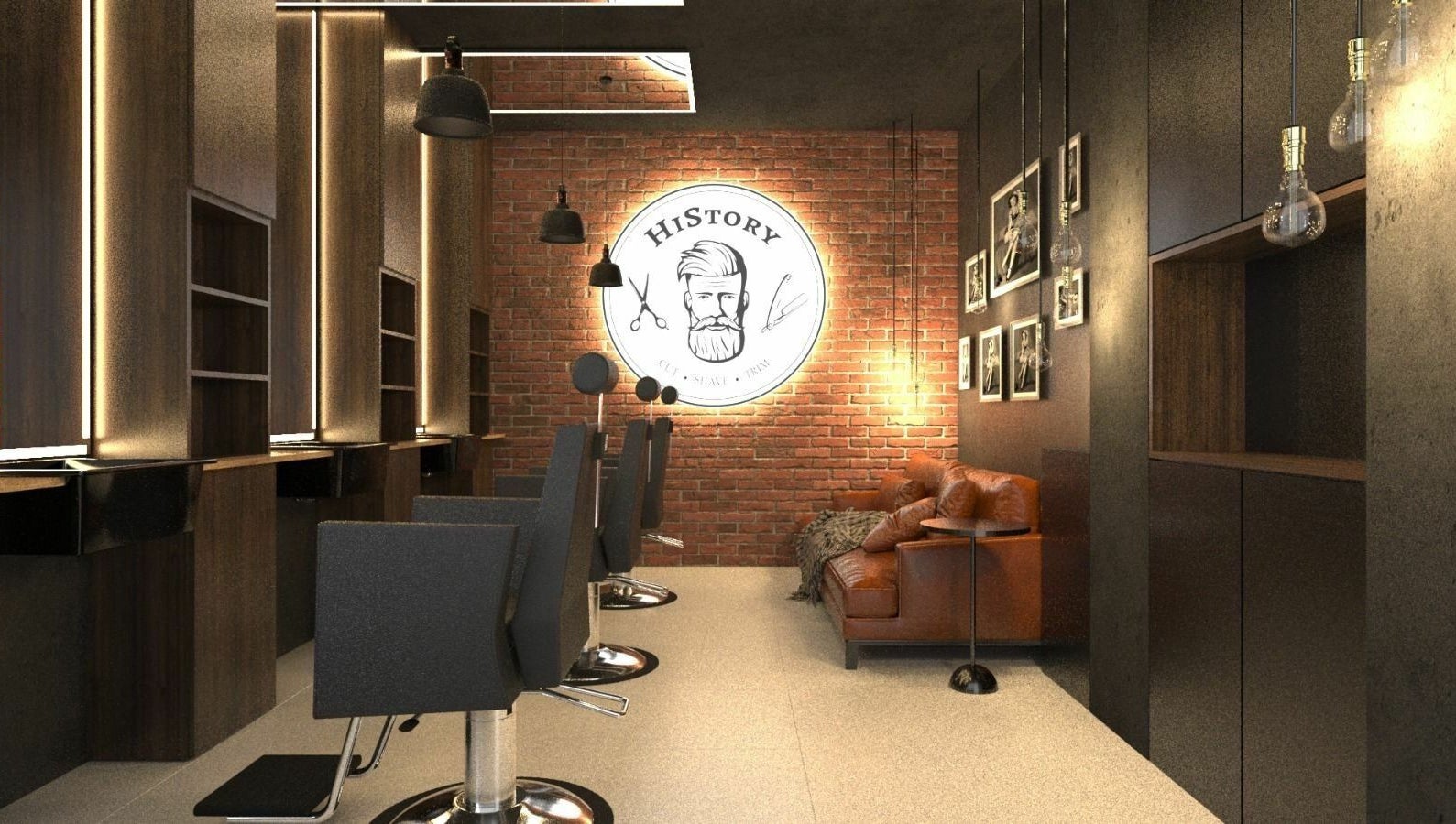 Interior modern HiStory Barbershop Camil Ressu 8, București, București, RO, cu scaune și canapea.