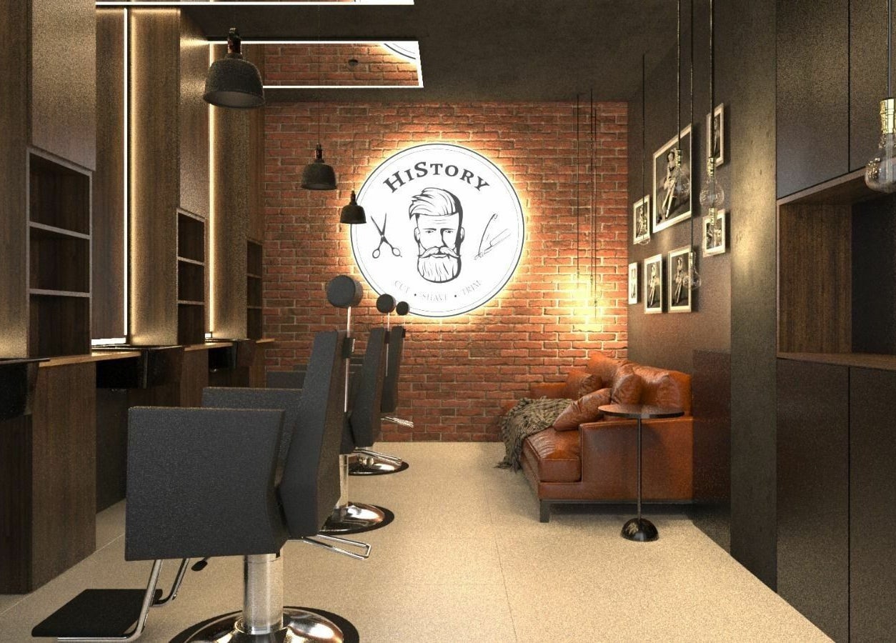 Interior modern HiStory Barbershop Camil Ressu 8, București, București, RO, cu scaune și canapea.