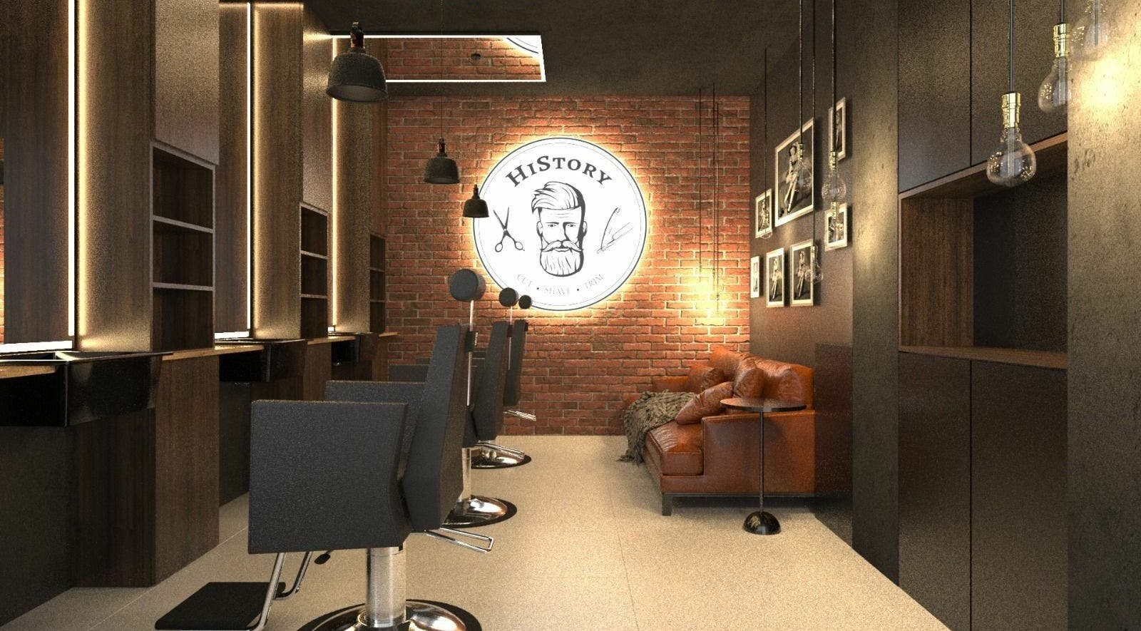 Interior modern HiStory Barbershop Camil Ressu 8, București, București, RO, cu scaune și canapea.