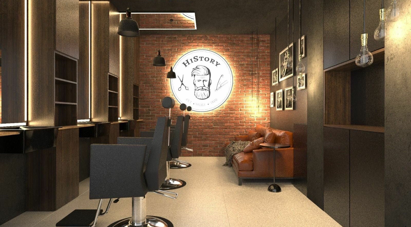 Interior modern HiStory Barbershop Camil Ressu 8, București, București, RO, cu scaune și canapea.