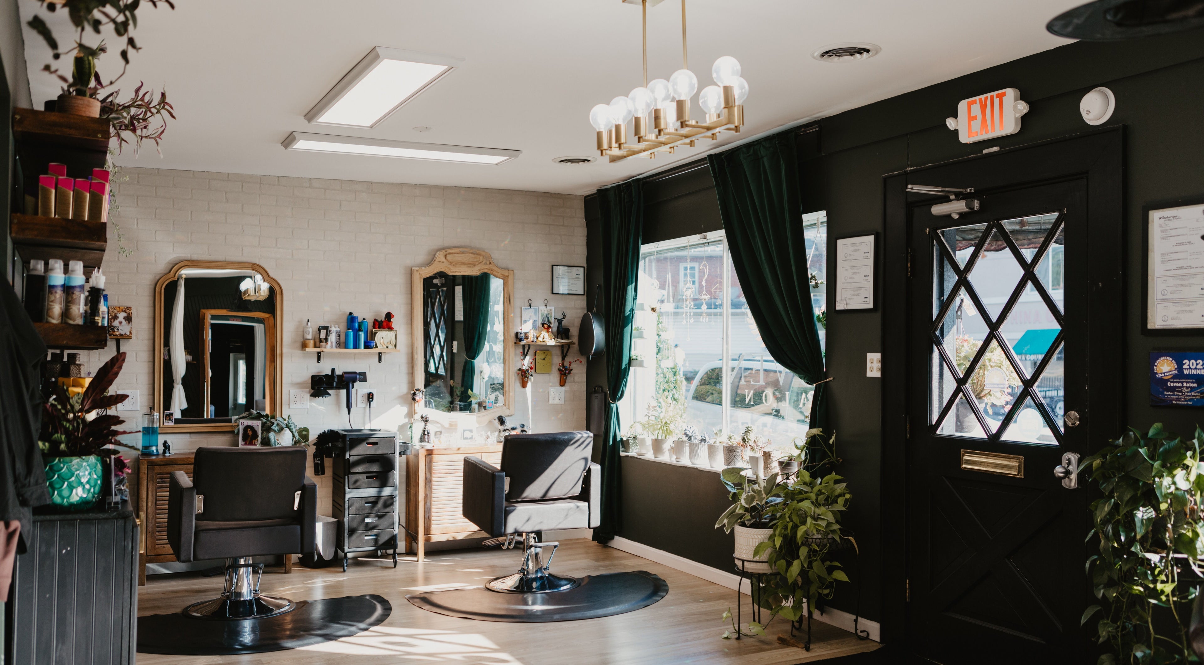 Modern interior of Coven Salon in Winchester, Virginia, US, featuring stylish chairs and lush plants.