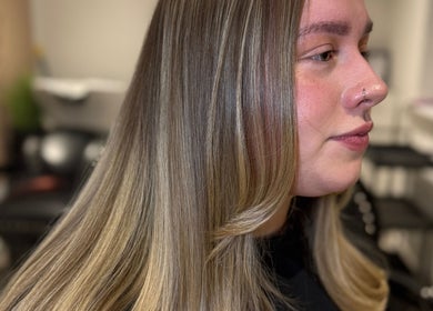 Close-up of sleek, shiny hair styled at Millie @ Shade Harrogate in Harrogate, England, GB.