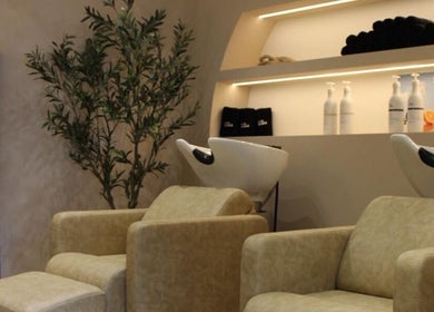 Comfortable hair salon chairs at Millie @ Shade Harrogate, Harrogate, England, GB with lush greenery.