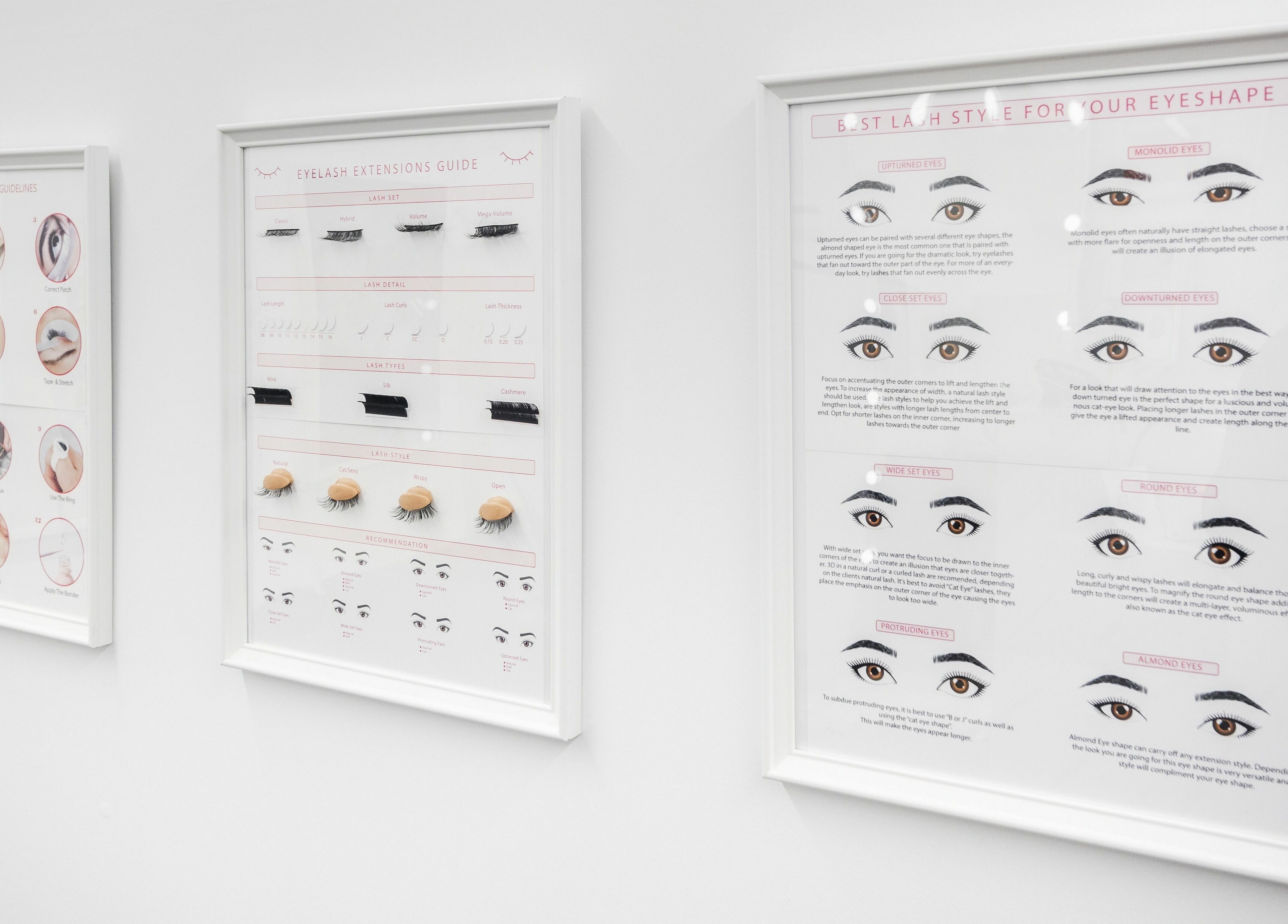 Eyelash styling guides adorning the walls of V Lash Studio, New York, New York, US.
