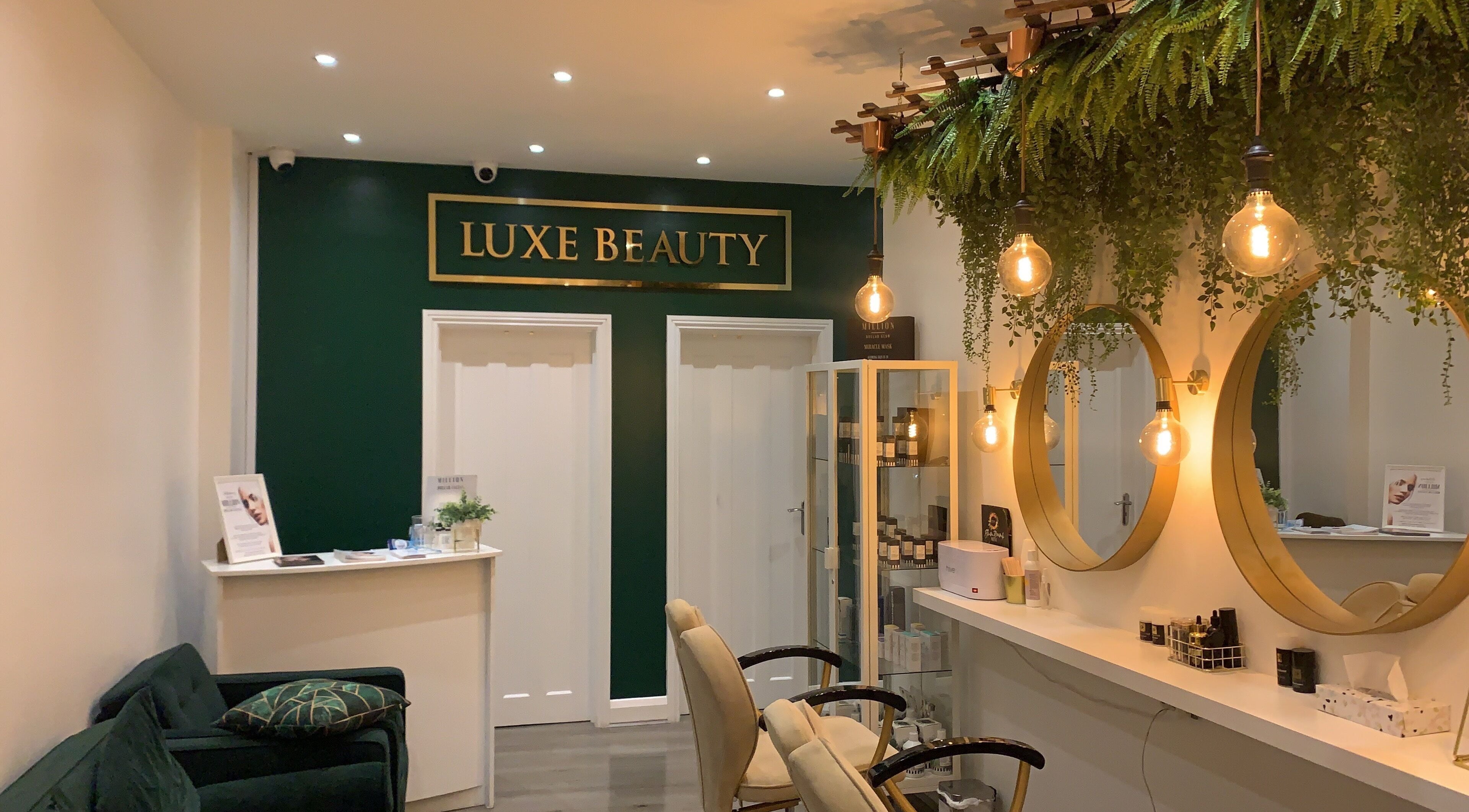 Interior of Luxe Beauty salon in London, England, GB, showcasing elegant decor and beauty products.