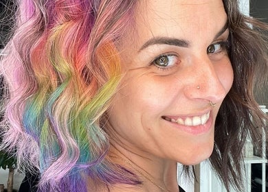 Vibrant rainbow hairstyle at Hair by Florie, Surry Hills, New South Wales, AU.