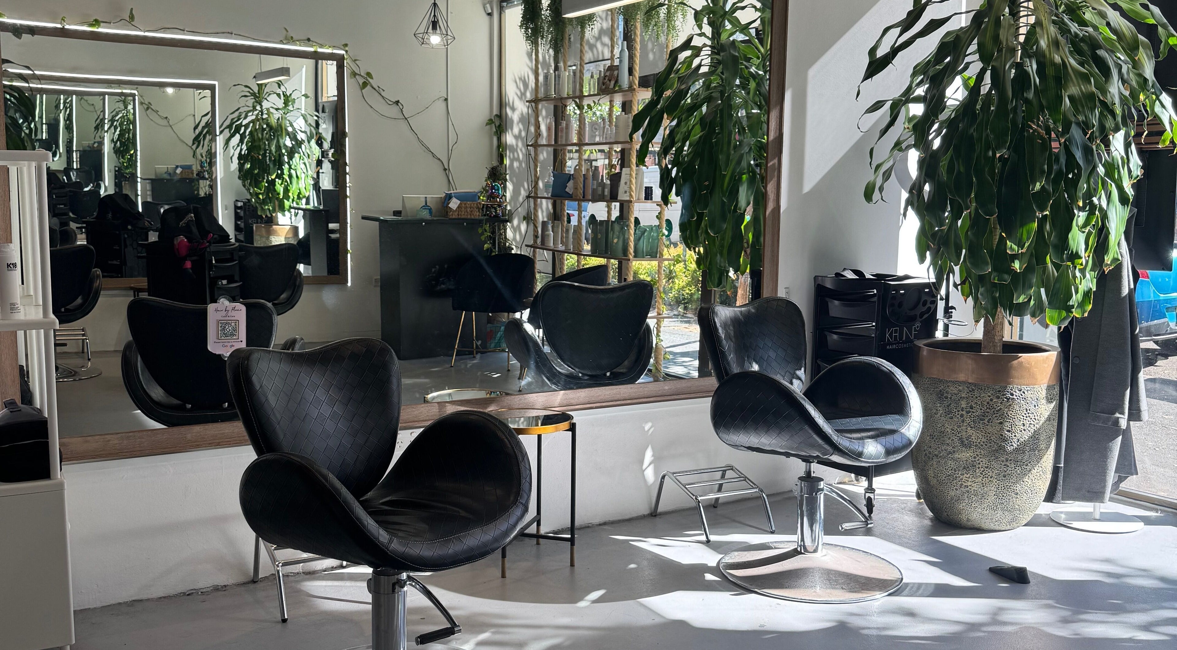 Modern salon interior at Hair by Florie, Surry Hills, New South Wales, AU, featuring stylish chairs and greenery.