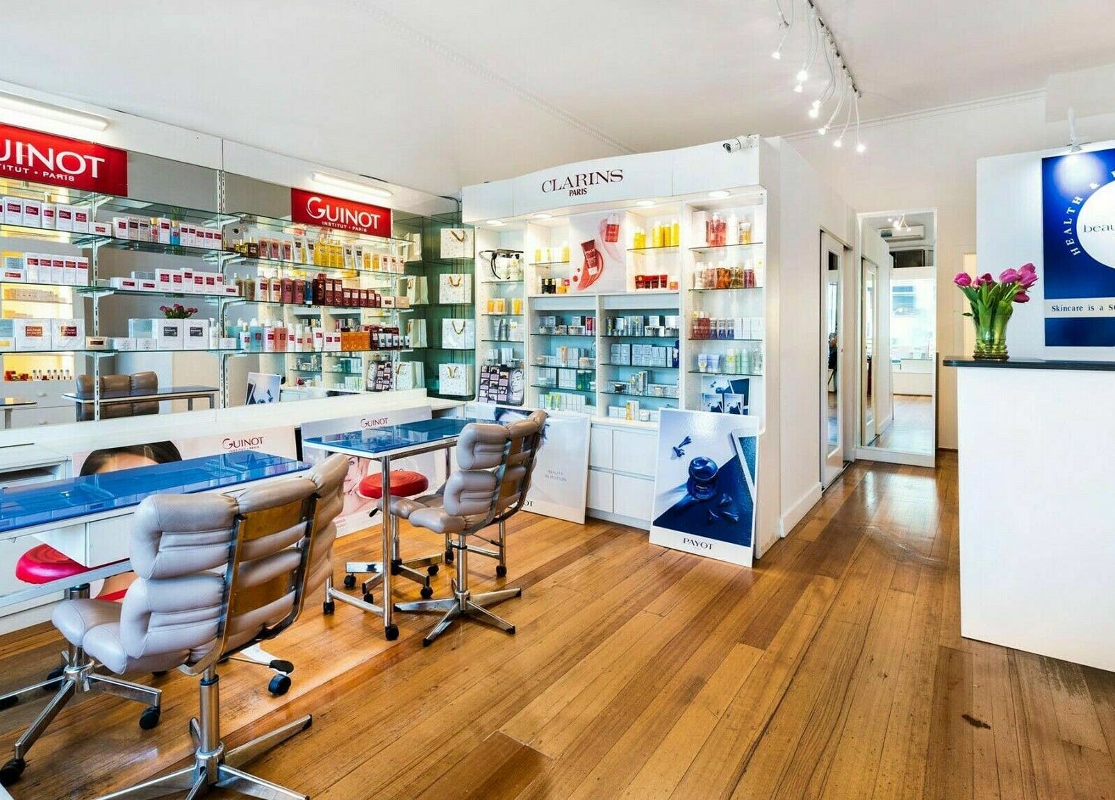 Beauty Nirvana's modern interior in Melbourne, Victoria, AU, with sleek decor and beauty products on display.