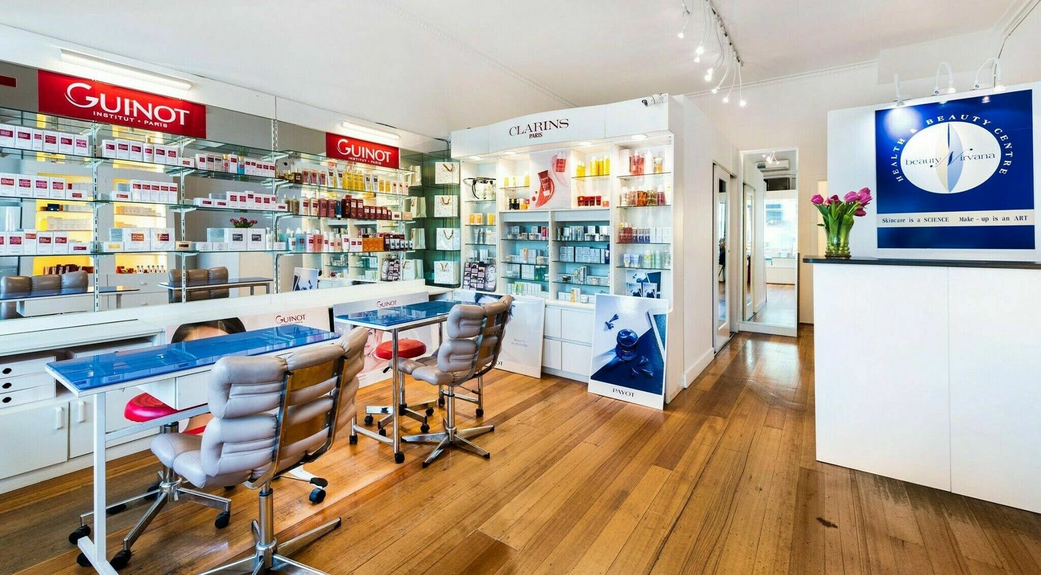 Beauty Nirvana's modern interior in Melbourne, Victoria, AU, with sleek decor and beauty products on display.