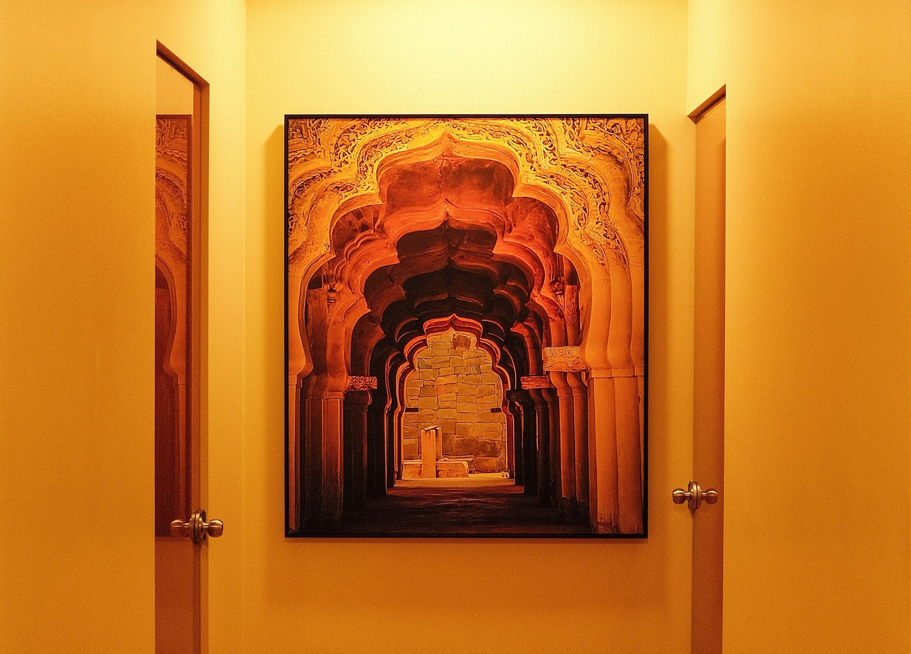 Corredor iluminado com arte temática no Manu Hari Concept Spa, Matosinhos, Porto, PT.