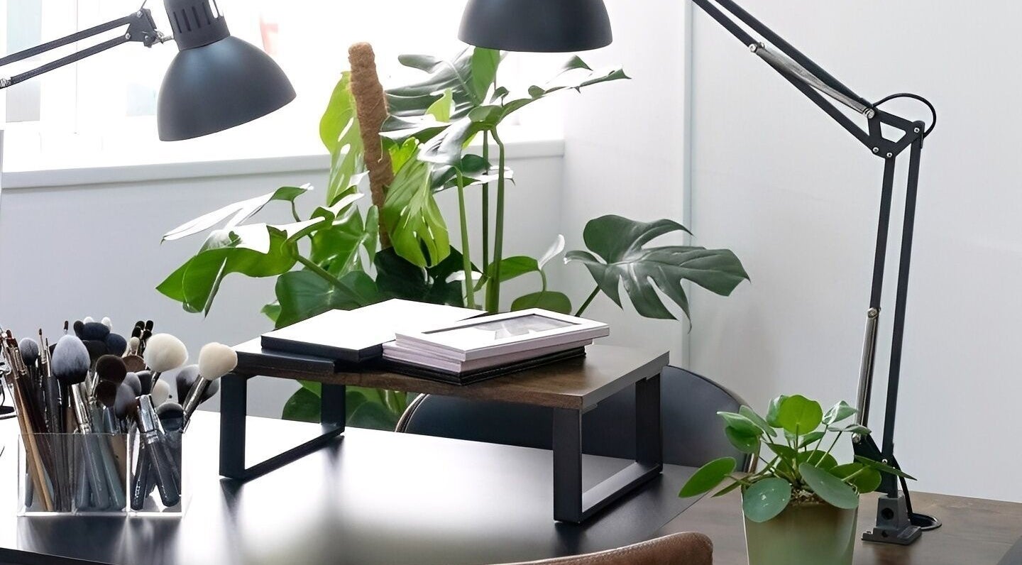 Atelier Yurga's tranquil workspace with plants and makeup brushes in Chipping Norton, England, GB.