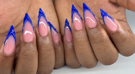 Elegant blue tipped nails at Luxury Layne BeautyStop, Bridgetown, Christ Church , BB.