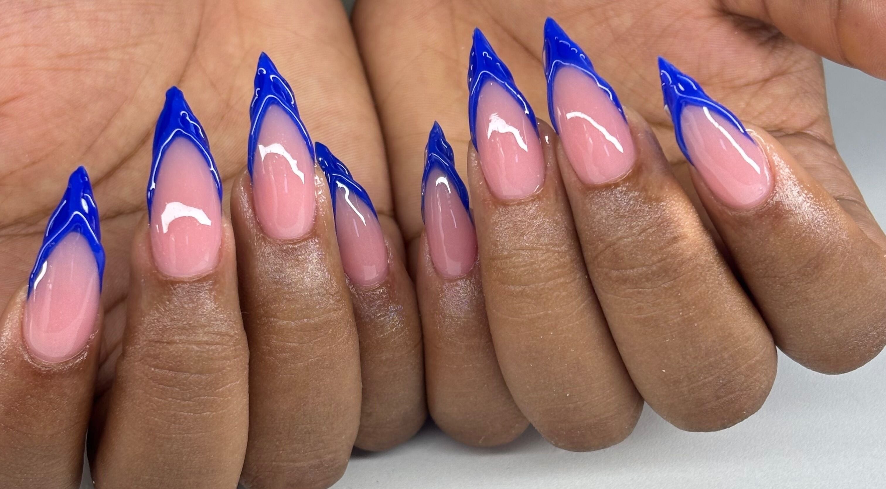 Elegant blue tipped nails at Luxury Layne BeautyStop, Bridgetown, Christ Church , BB.