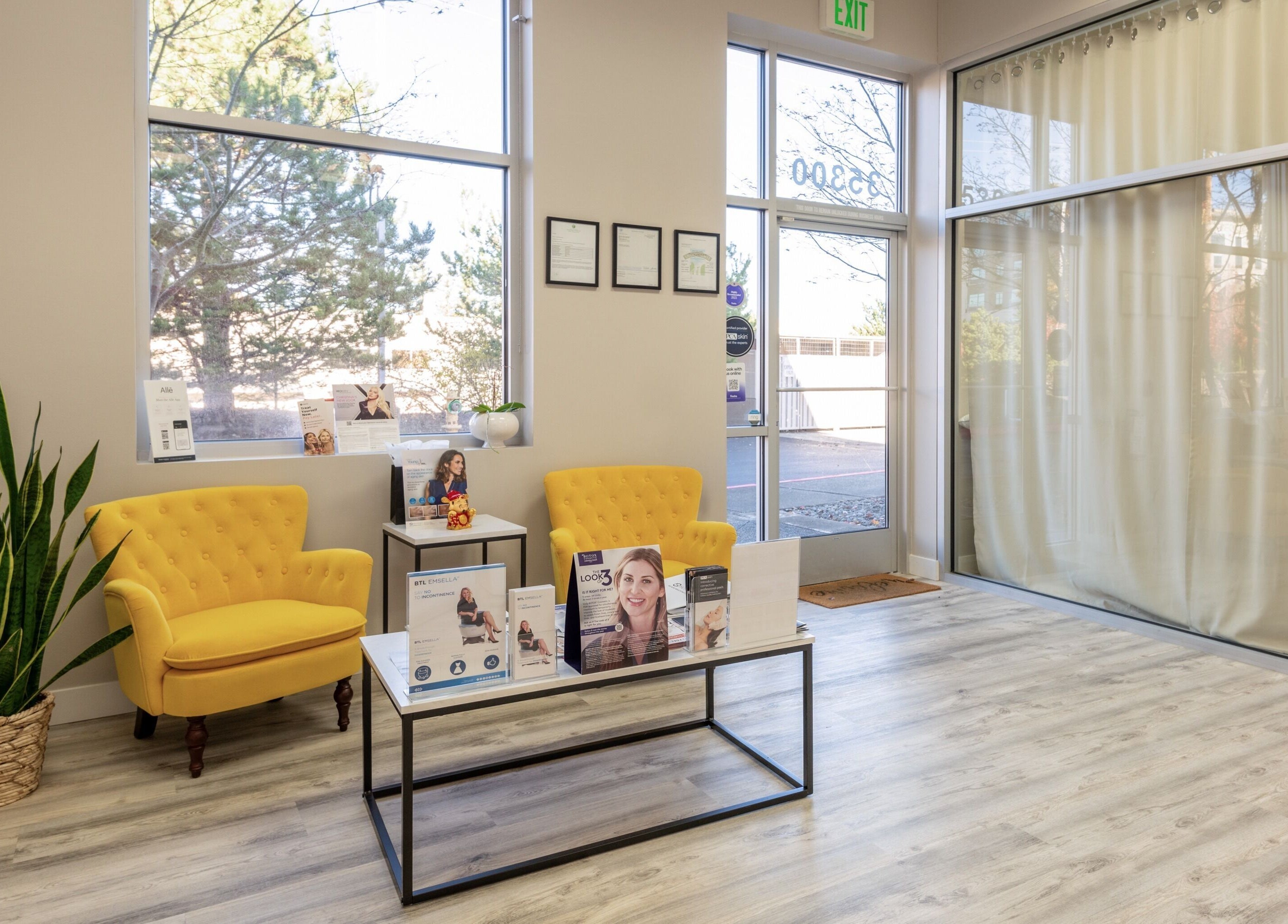 Inviting interior of Beyond Laser and Skincare - Snoqualmie, featuring plush yellow chairs in Snoqualmie, Washington, US.