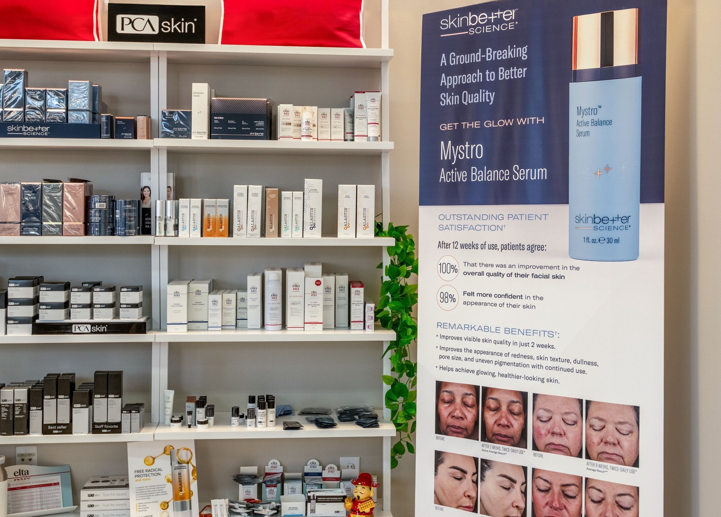 Skincare products on shelves at Beyond Laser and Skincare - Snoqualmie in Snoqualmie, Washington, US.