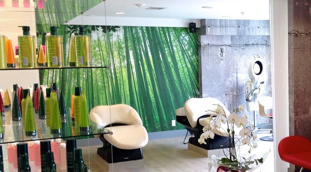 Modern salon interior at House Of Yoko in North Vancouver, British Columbia, CA with bamboo-themed decor.