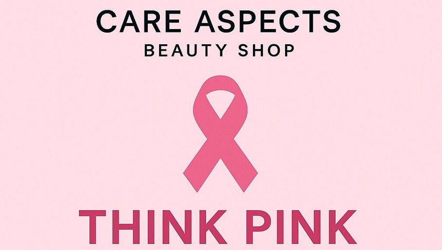 Pink ribbon at Care Aspects Beauty Shop RT in Ras Tanura, Eastern Province, SA promoting awareness.
