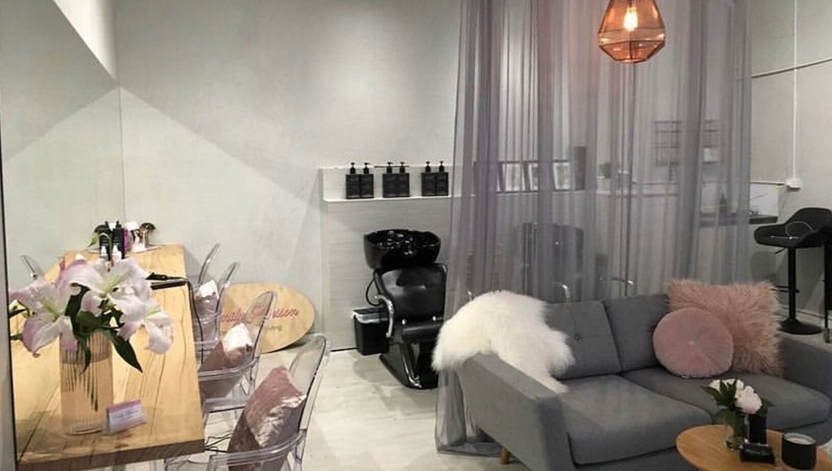 Chic interior of Emily Glasson Hair Make up and Styling in Maroochydore, Queensland, AU with modern amenities.