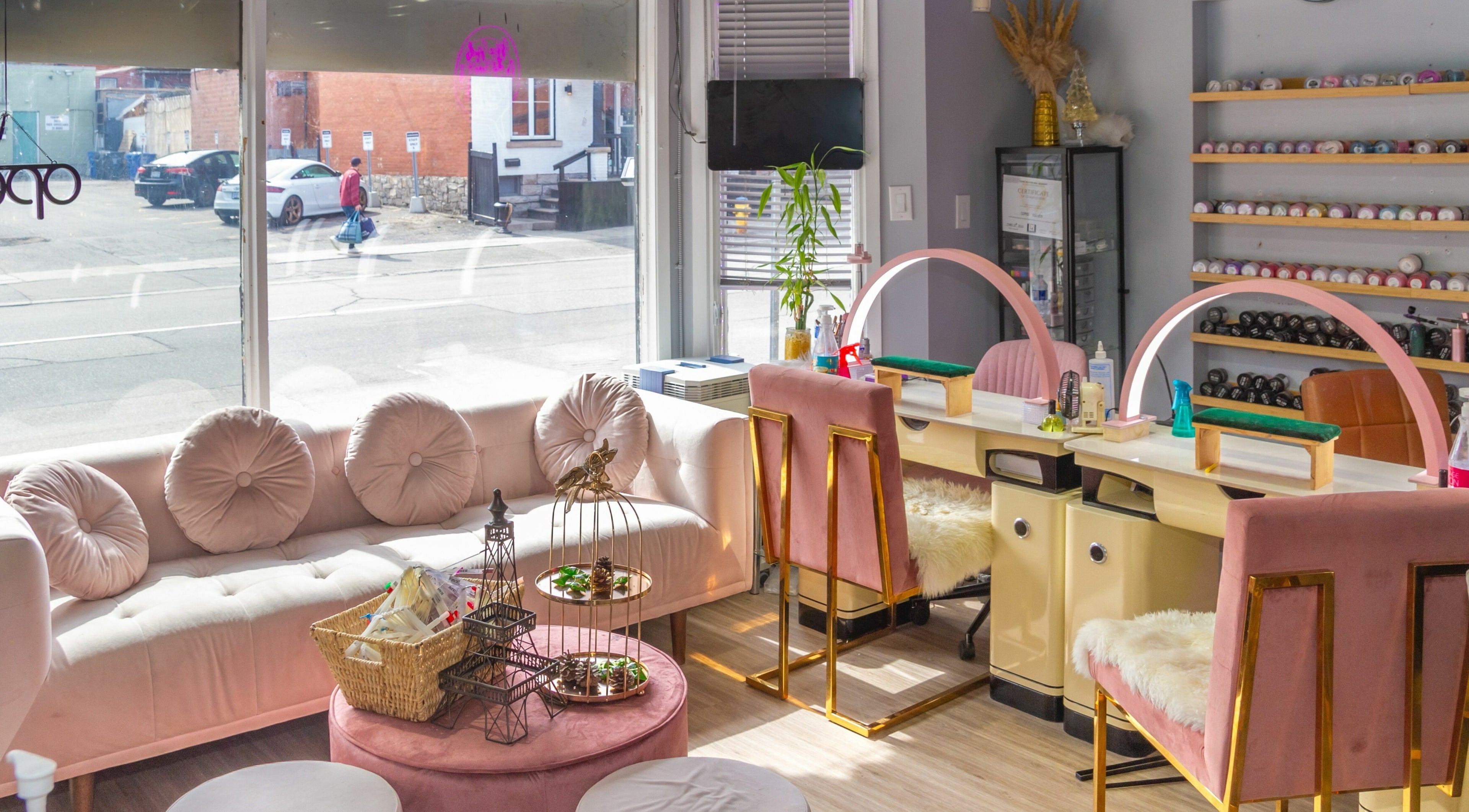 Chic interior view of La Crystal Nails and Spa, 117 Murray Street, Ottawa, Ontario, CA with soft pink decor.