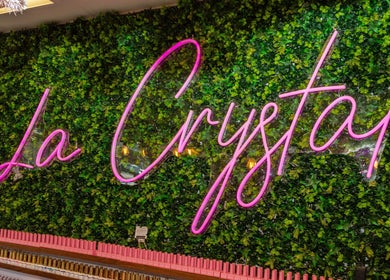 Neon sign 'La Crystal' on vibrant green wall at Studio - 421 A Cumberland Street, Ottawa, Ontario, CA.