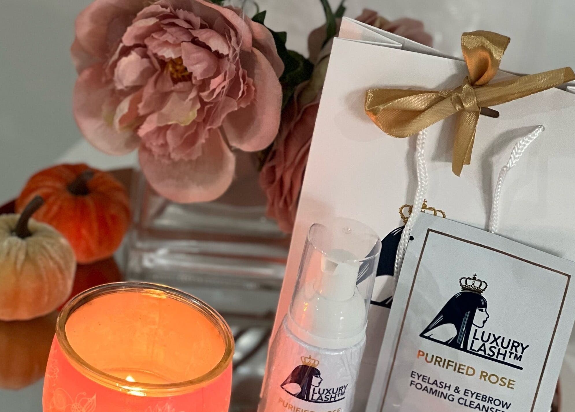 Elegant display at Lashed By Kate, Harworth, England, GB featuring Luxury Lash products with autumn accents.