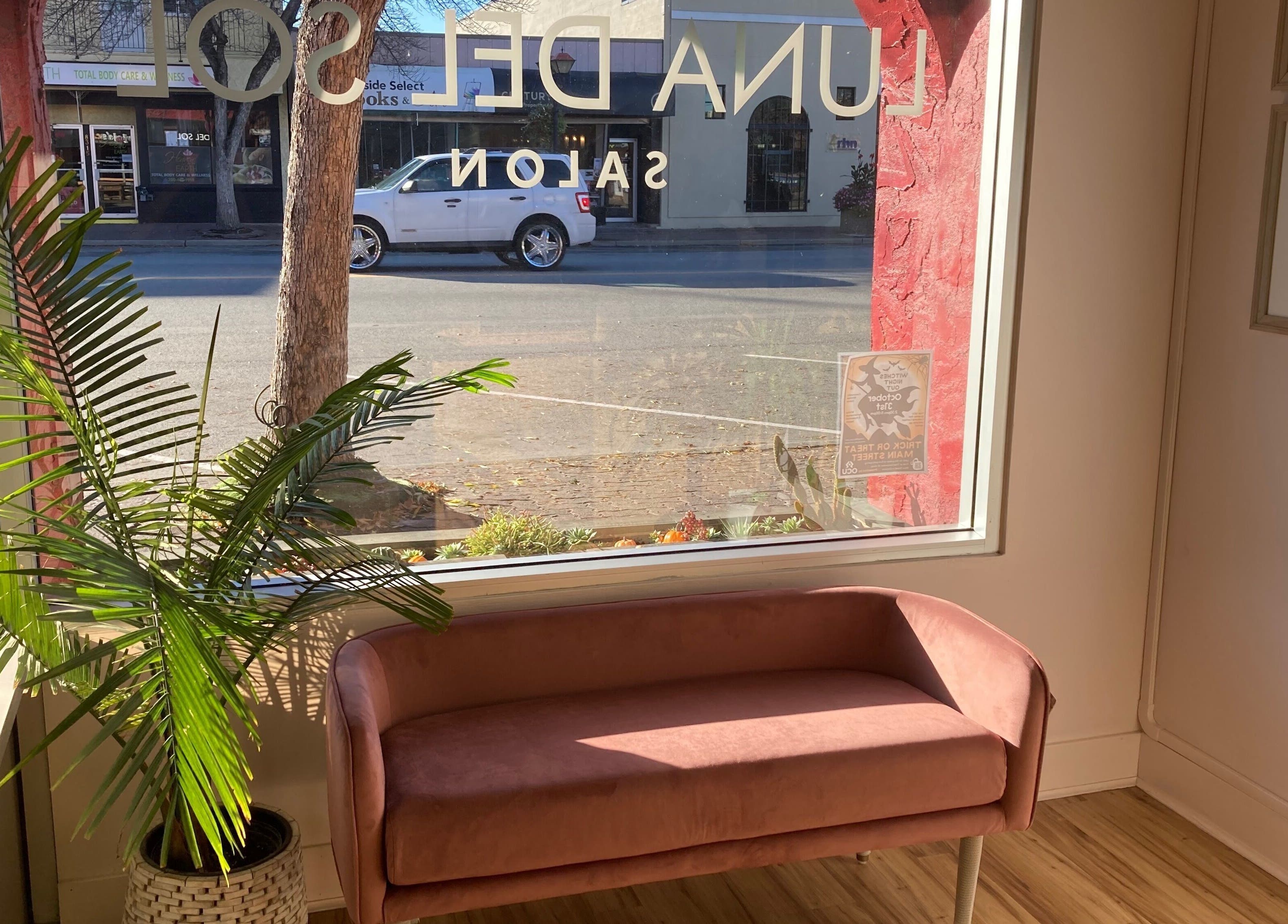 Bright lounge area in Luna Del Sol Salon, Osoyoos, British Columbia, CA with pink sofa and potted plant.