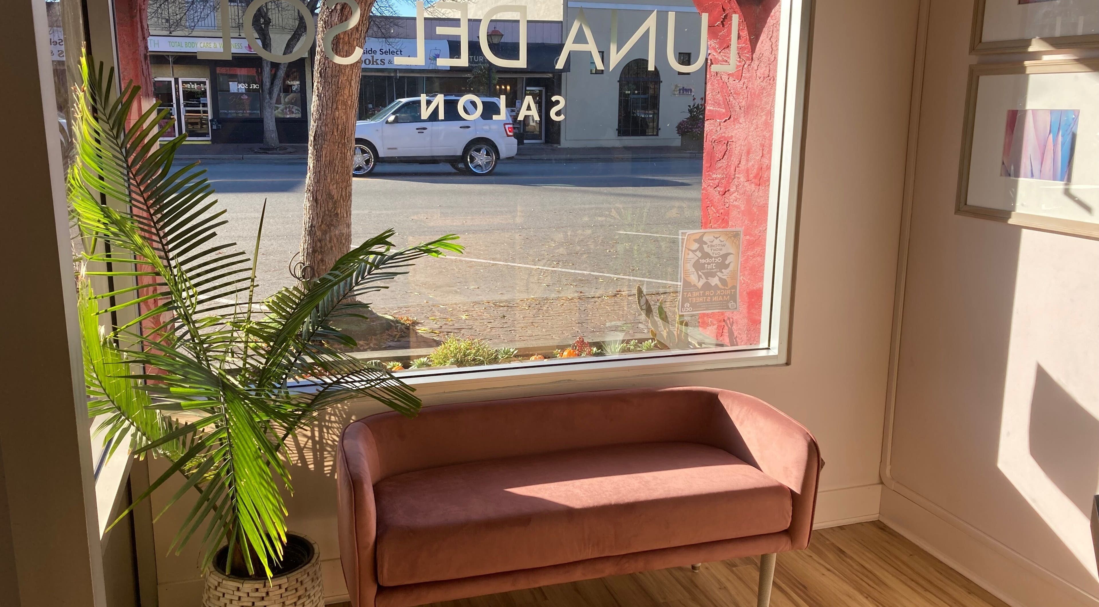 Bright lounge area in Luna Del Sol Salon, Osoyoos, British Columbia, CA with pink sofa and potted plant.