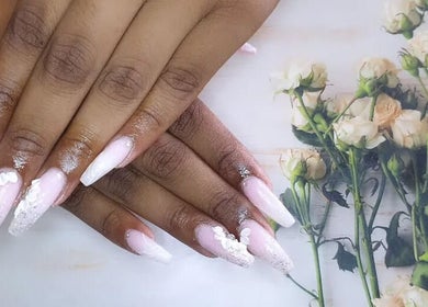 Elegant pink and white floral nails at Black Orchid Beauty Bar, Johannesburg, Gauteng, ZA.