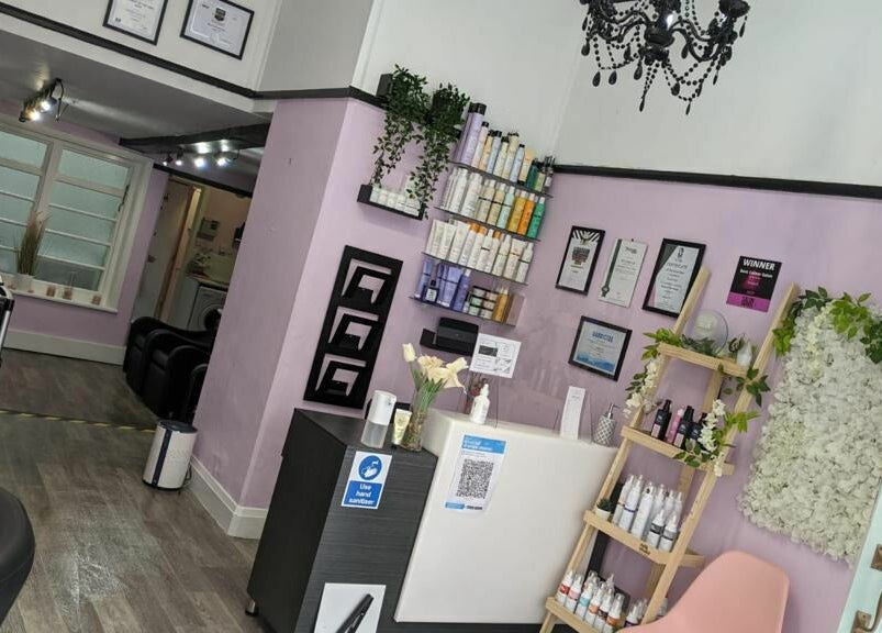 Stylish interior of Studio 26 in Royston, England, GB, featuring elegant decor and beauty products.