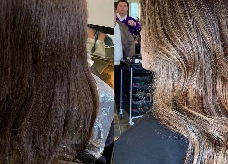 Hair transformation at Chair-Sam Slater, Birmingham, England, GB, showcasing before and after styling.