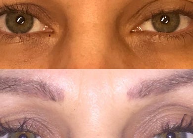 Before and after brow transformation at Lucy Nichols Beauty and Aesthetic, Norwich, England, GB.
