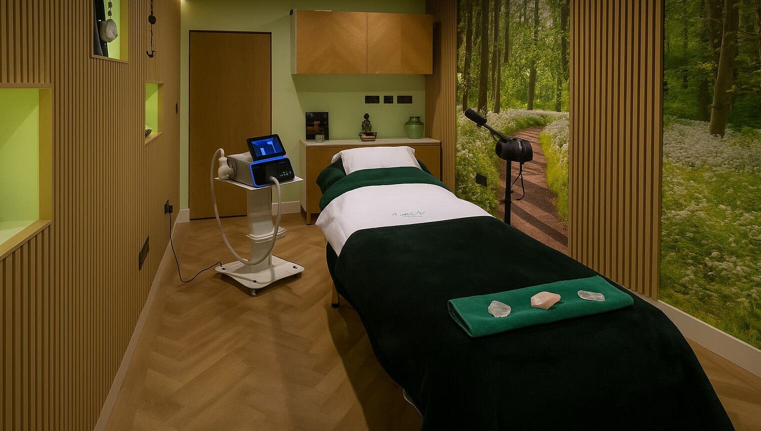Tranquil therapy room at Essence Therapy and Healing Clinic, Redhill, England, GB with soft lighting and massage bed.
