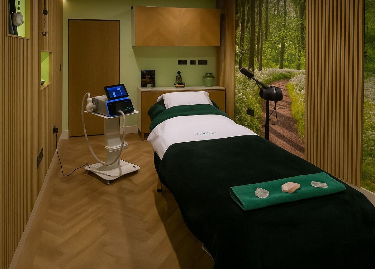 Tranquil therapy room at Essence Therapy and Healing Clinic, Redhill, England, GB with soft lighting and massage bed.