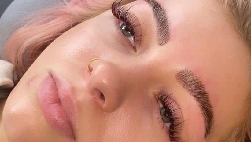 Close-up of styled brows and lashes at Lovetolashx, Rubery, England, GB, showcasing beauty enhancement.