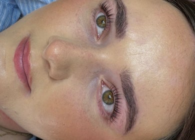 Close-up of a client with enhanced lashes at Lovetolashx, Rubery, England, GB.