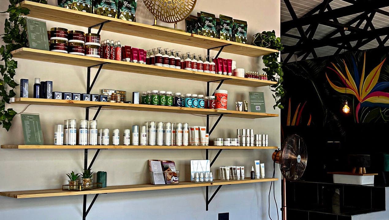 Well-organized beauty product shelves at Aventus, Mokopane, Limpopo, ZA featuring various cosmetics.