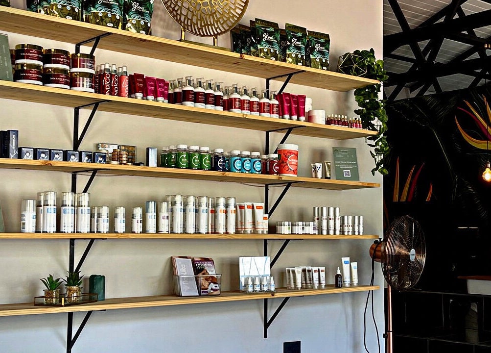 Well-organized beauty product shelves at Aventus, Mokopane, Limpopo, ZA featuring various cosmetics.