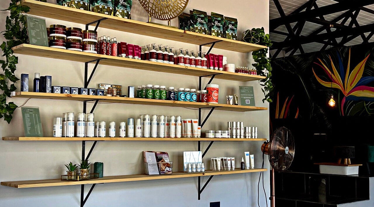 Well-organized beauty product shelves at Aventus, Mokopane, Limpopo, ZA featuring various cosmetics.