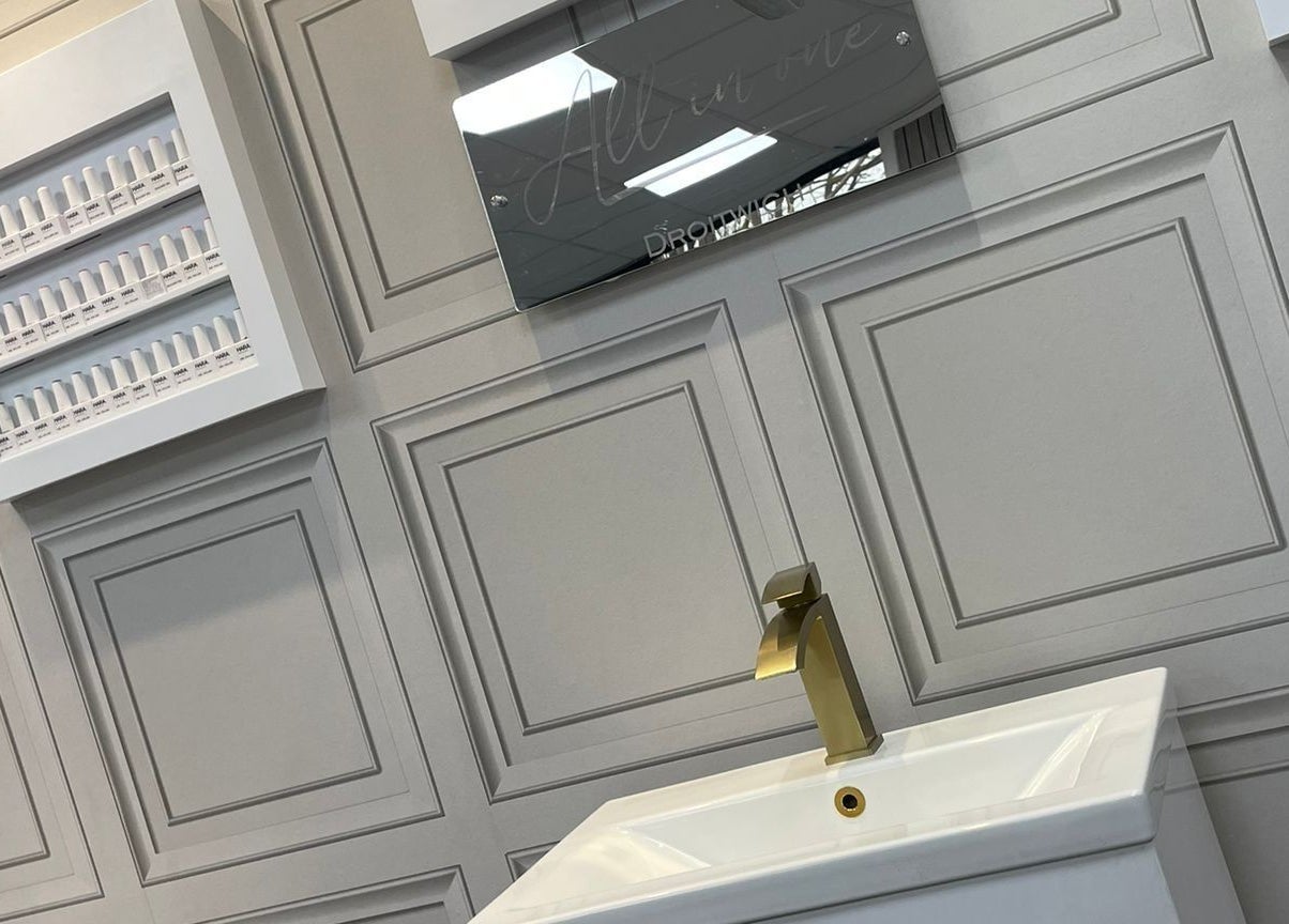 Modern sink and wall design at All in One (Droitwich), Droitwich Spa, England, GB.