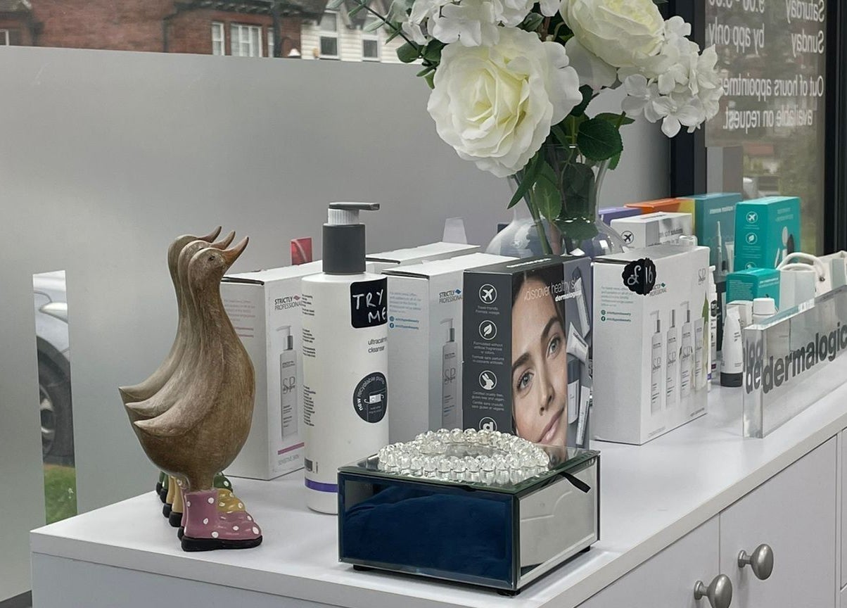 Elegant skincare display at All in One (Droitwich), Droitwich Spa, England, GB featuring luxury beauty products.