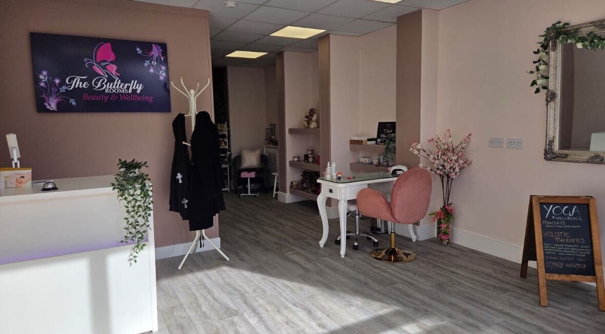 Interior of The Butterfly Rooms Beauty & Wellbeing in Chorley, England, GB featuring a reception and decor.