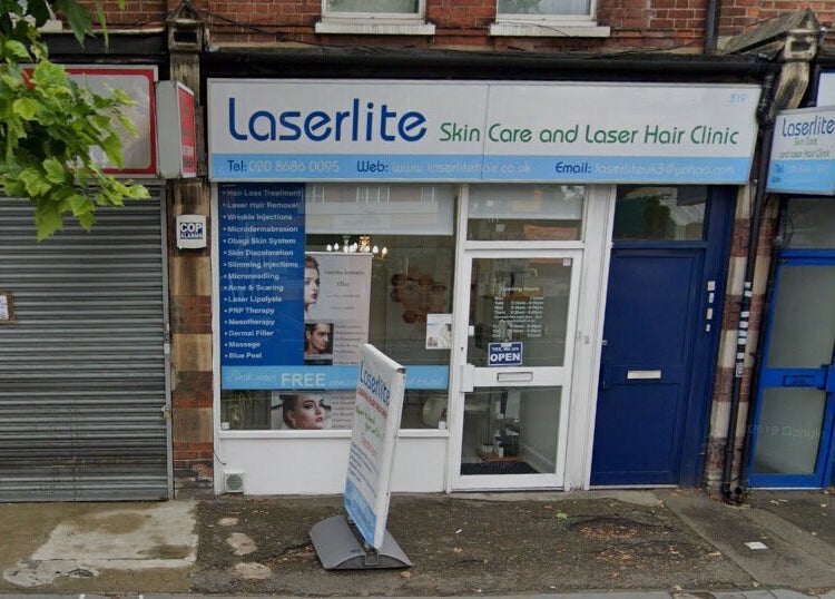 Exterior of Laserlite Aesthetic Clinic, Croydon, England, GB showcasing entrance and signage.