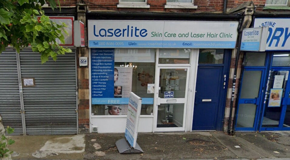 Exterior of Laserlite Aesthetic Clinic, Croydon, England, GB showcasing entrance and signage.