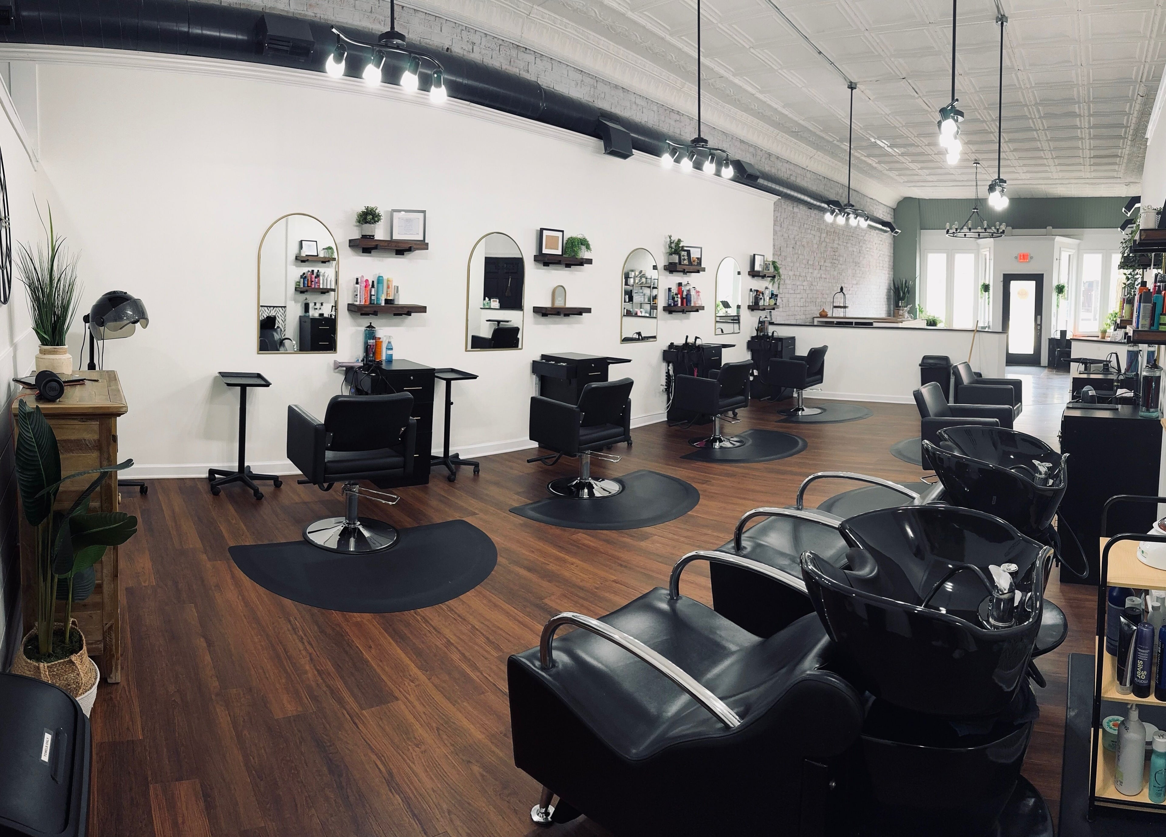 Elegant interior of Rooted Salon in Eaton Rapids, Michigan, US featuring modern styling stations and sleek decor.