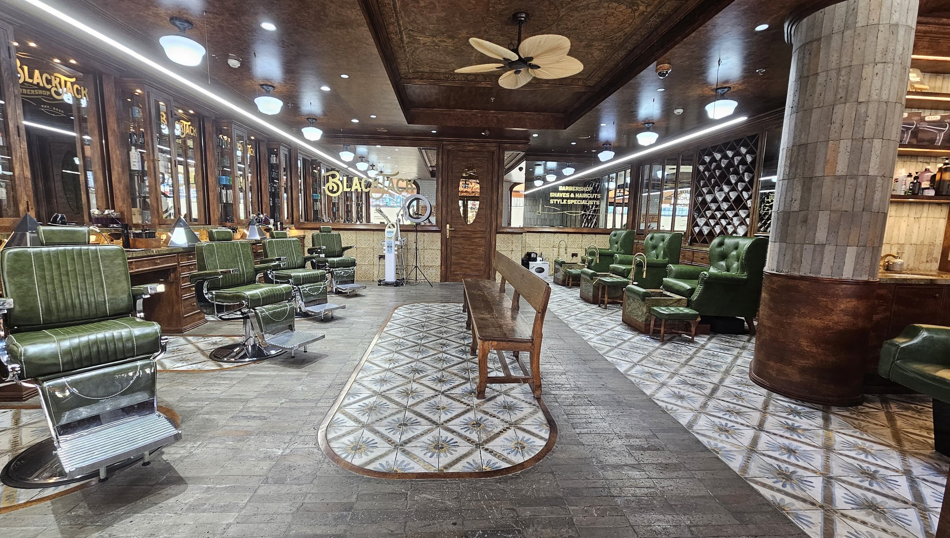 Interior of JBR BlackJack Barbershop with vintage chairs in Dubai, Dubai, AE.