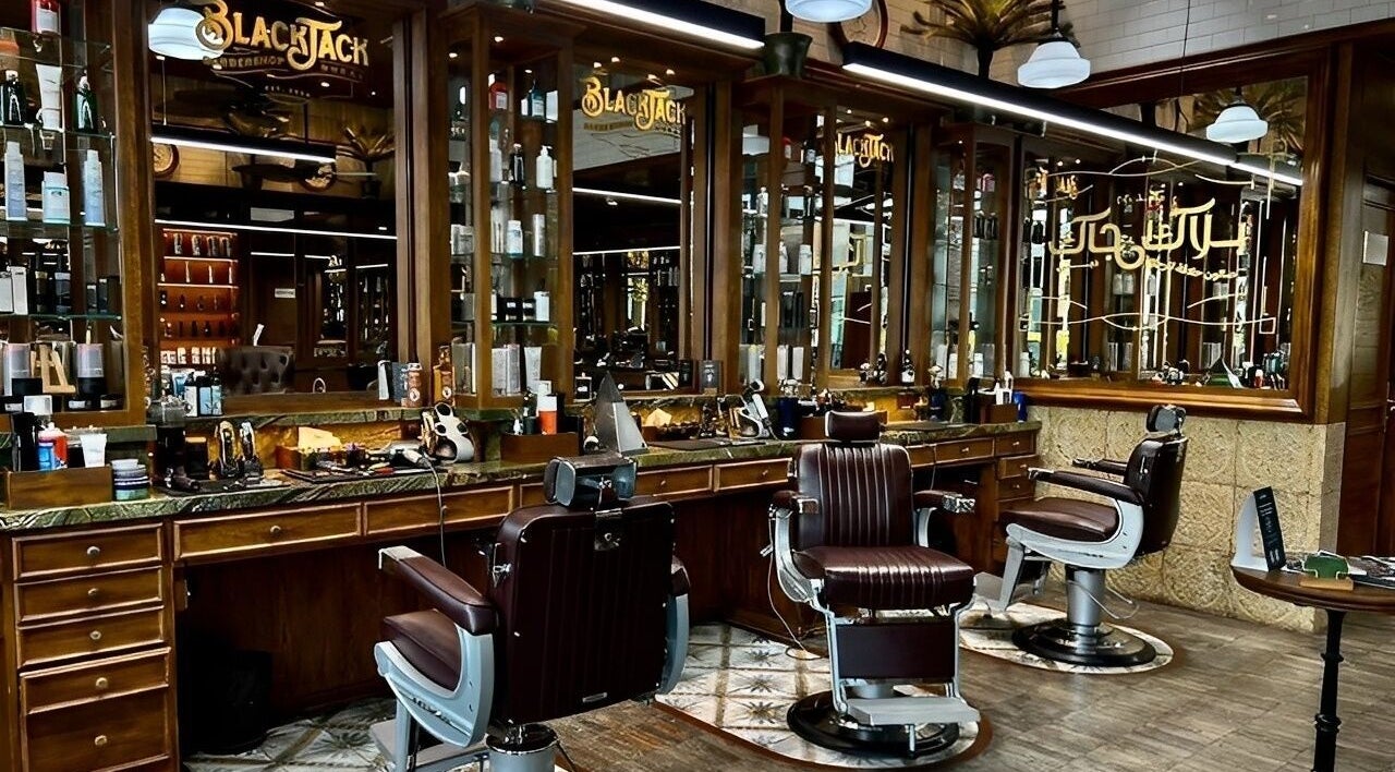 Interior of BLUEWATER BLACK JACK BARBER SHOP in Dubai, AE, featuring classic barber chairs and mirrored shelves.