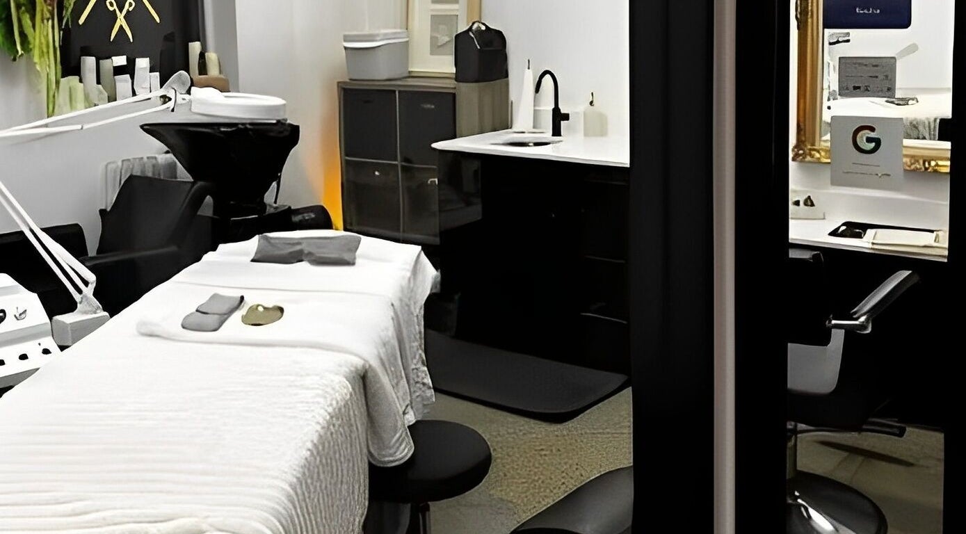 Luxurious treatment room at Skin and Scissors Beauty Studio, Orange, California, US.