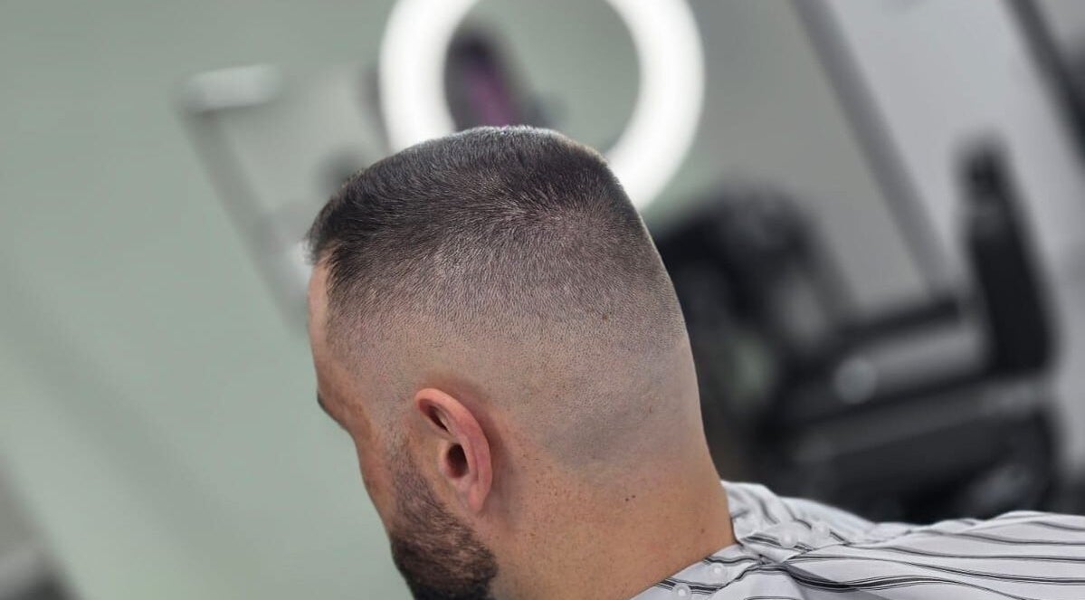 Close-up of a fresh fade haircut at Gentlemen's Barbers Hamilton, Hamilton, Waikato, NZ barber chair.
