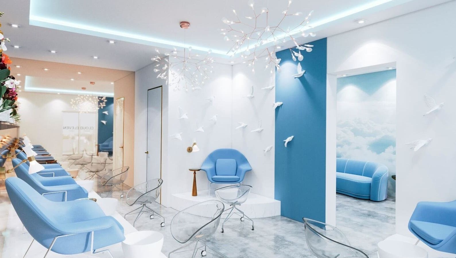 Chic interior of Cloud Eleven Beauty Salon in Dubai, Dubai, AE, with modern blue and white decor.